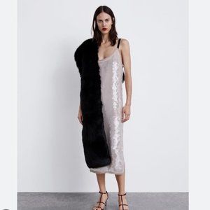 Zara beige nude sequin A-line midi dress